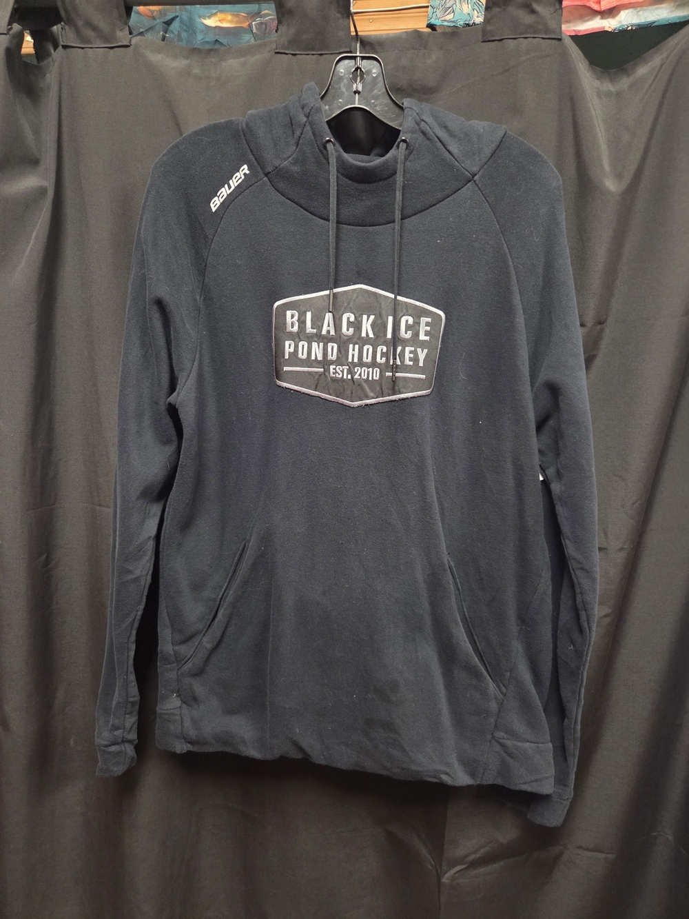 Eddie Bauer Med Navy hoody with White Black Ice Logo